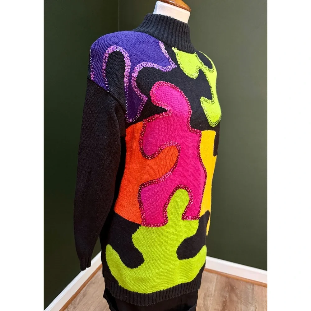 Vintage Santoria 1992 Funky Puzzle‎ Piece Sequin Turtleneck Sweater Dress M